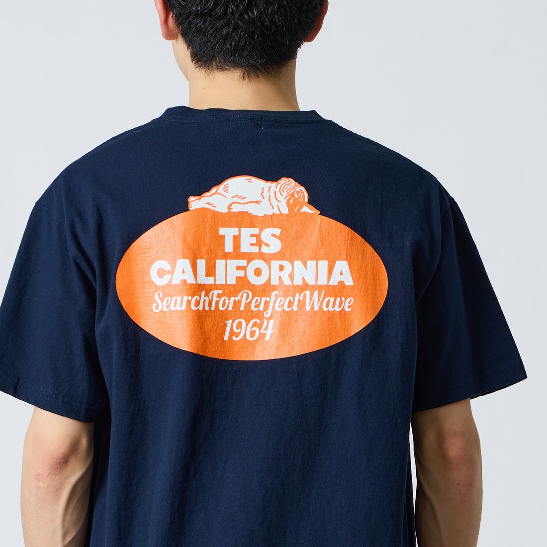 The Endless Summer [エンドレスサマー] 別注 オーバルロゴ バックプリントTシャツ [FH-26574504-JF] NAVY &&モデル身長：168cm 着用サイズ：L&&