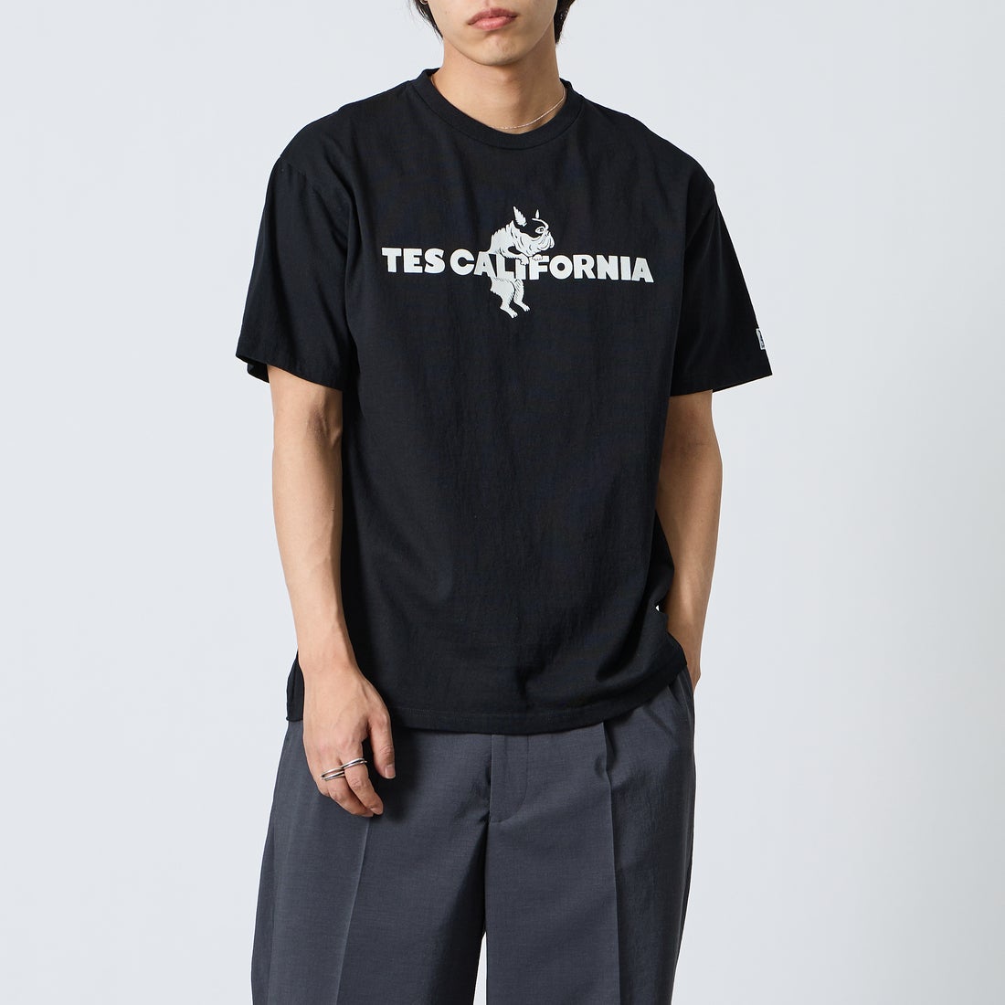 The Endless Summer [エンドレスサマー] 別注 TES CAL フロッキーロゴプリントTシャツ [FH-26574501-JF] BLACK &&モデル身長：179cm 着用サイズ：XL&&