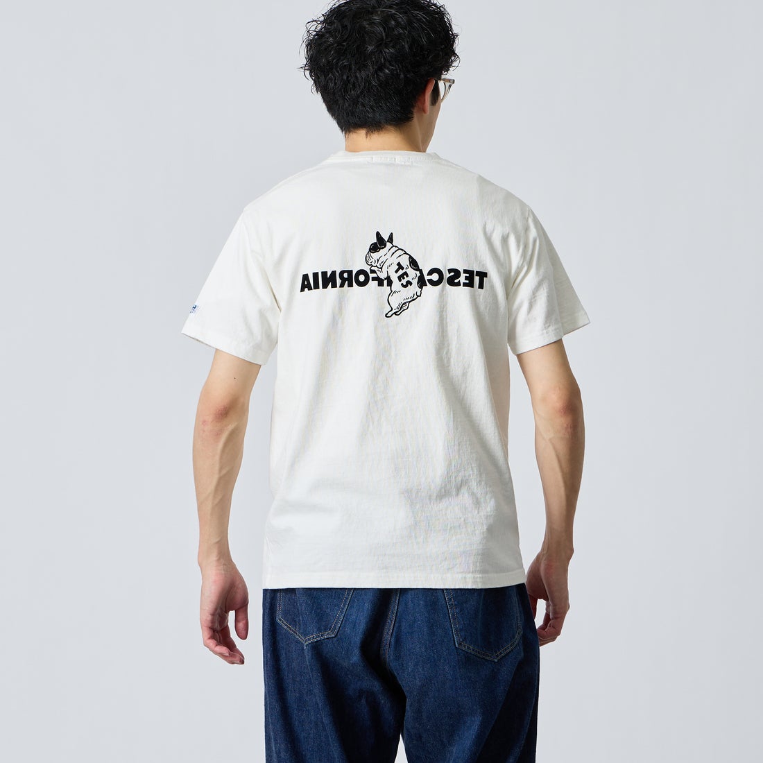 The Endless Summer [エンドレスサマー] 別注 TES CAL フロッキーロゴプリントTシャツ [FH-26574501-JF] WHITE &&モデル身長：168cm 着用サイズ：M&&