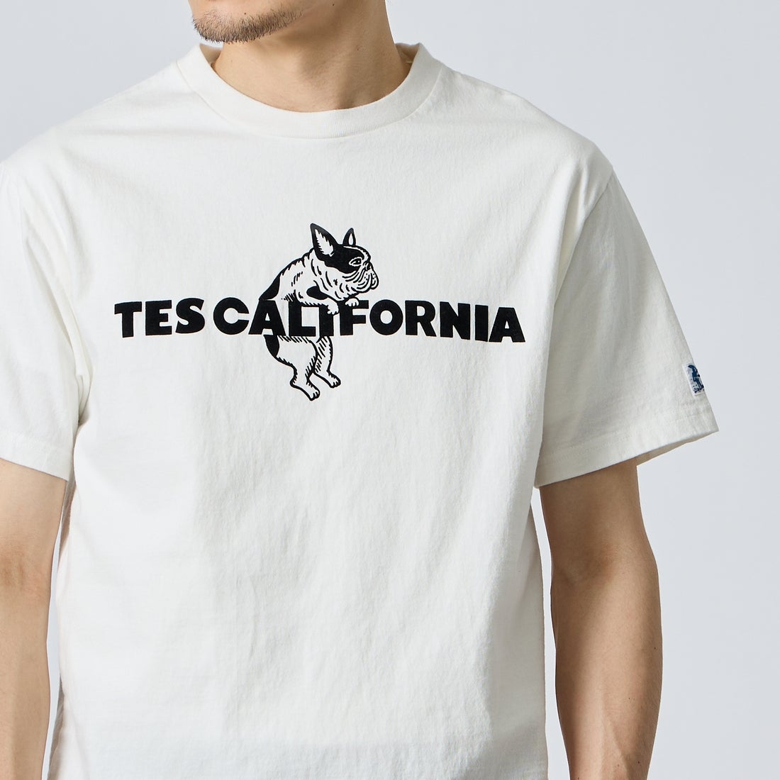 The Endless Summer [エンドレスサマー] 別注 TES CAL フロッキーロゴプリントTシャツ [FH-26574501-JF] WHITE &&モデル身長：168cm 着用サイズ：M&&