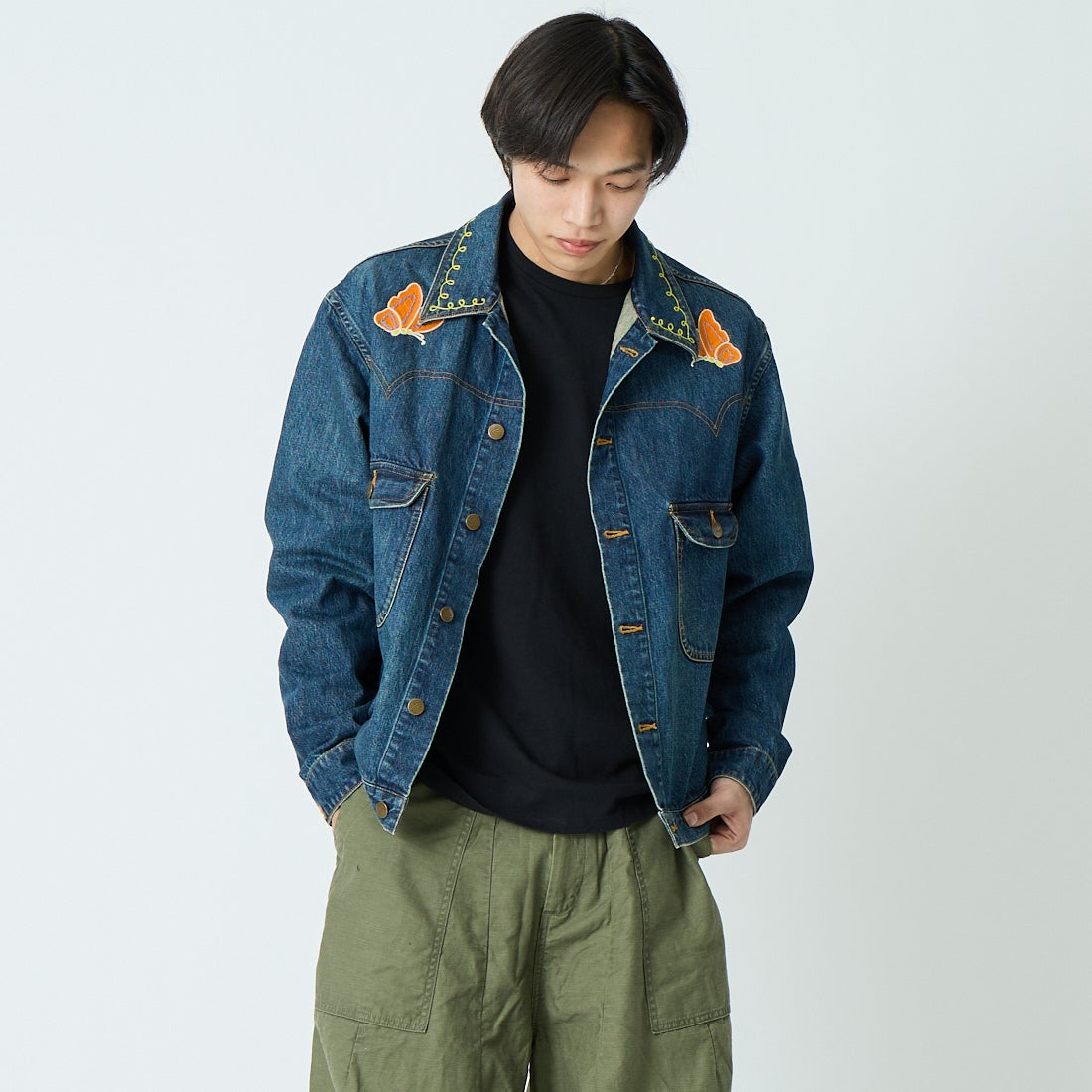 Needles [ニードルズ] パピヨン刺繍ジーンジャケット [SX210] INDIGO&&モデル身長：179cm 着用サイズ：M&&