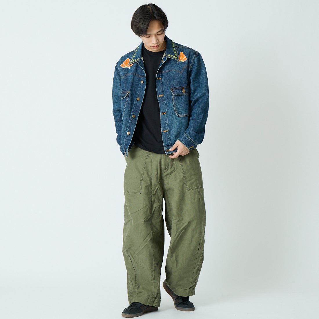 Needles [ニードルズ] パピヨン刺繍ジーンジャケット [SX210] INDIGO&&モデル身長：179cm 着用サイズ：M&&