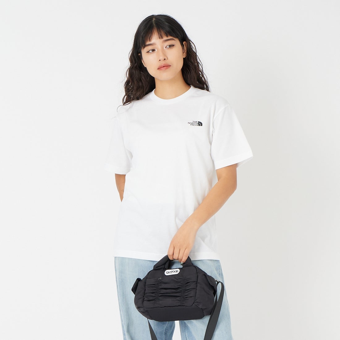 THE NORTH FACE [ザ ノースフェイス] ショートスリーブバンダナスクエアロゴTシャツ [NT32446] W2 &&モデル身長：162cm 着用サイズ：S&&
