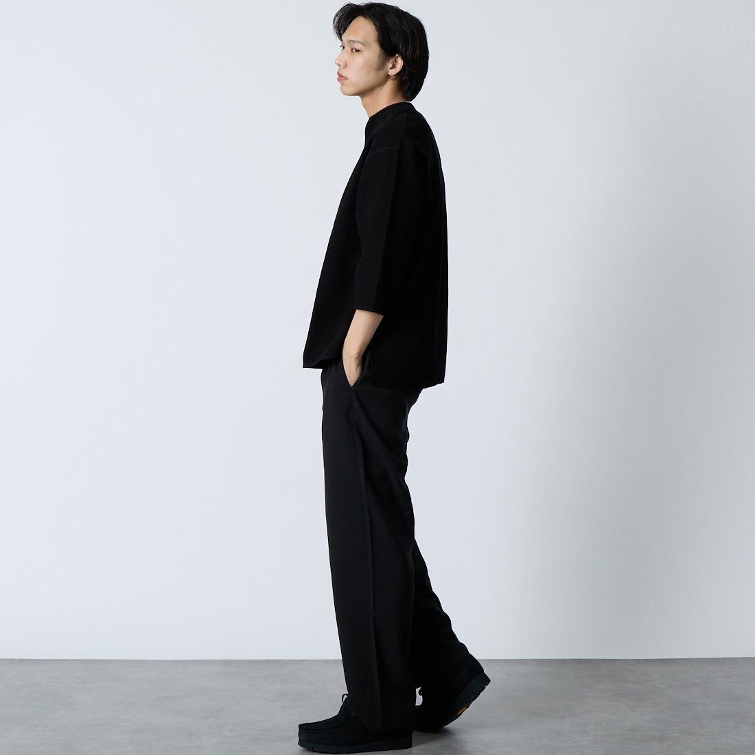 blurhms ROOTSTOCK [ブラームス ルーツストック] 別注 ラフ&スムース サーマルオーバーネック7分袖Tシャツ [BROOTS26SJF01-JF] BLACK &&モデル身長：179cm 着用サイズ：3&&