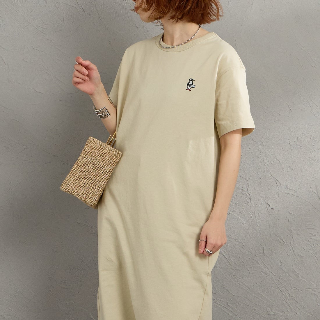 CHUMS [チャムス] ブービーロゴワンピース [CH18-1383] G057 GREIG &&モデル身長：158cm 着用サイズ：WM&&