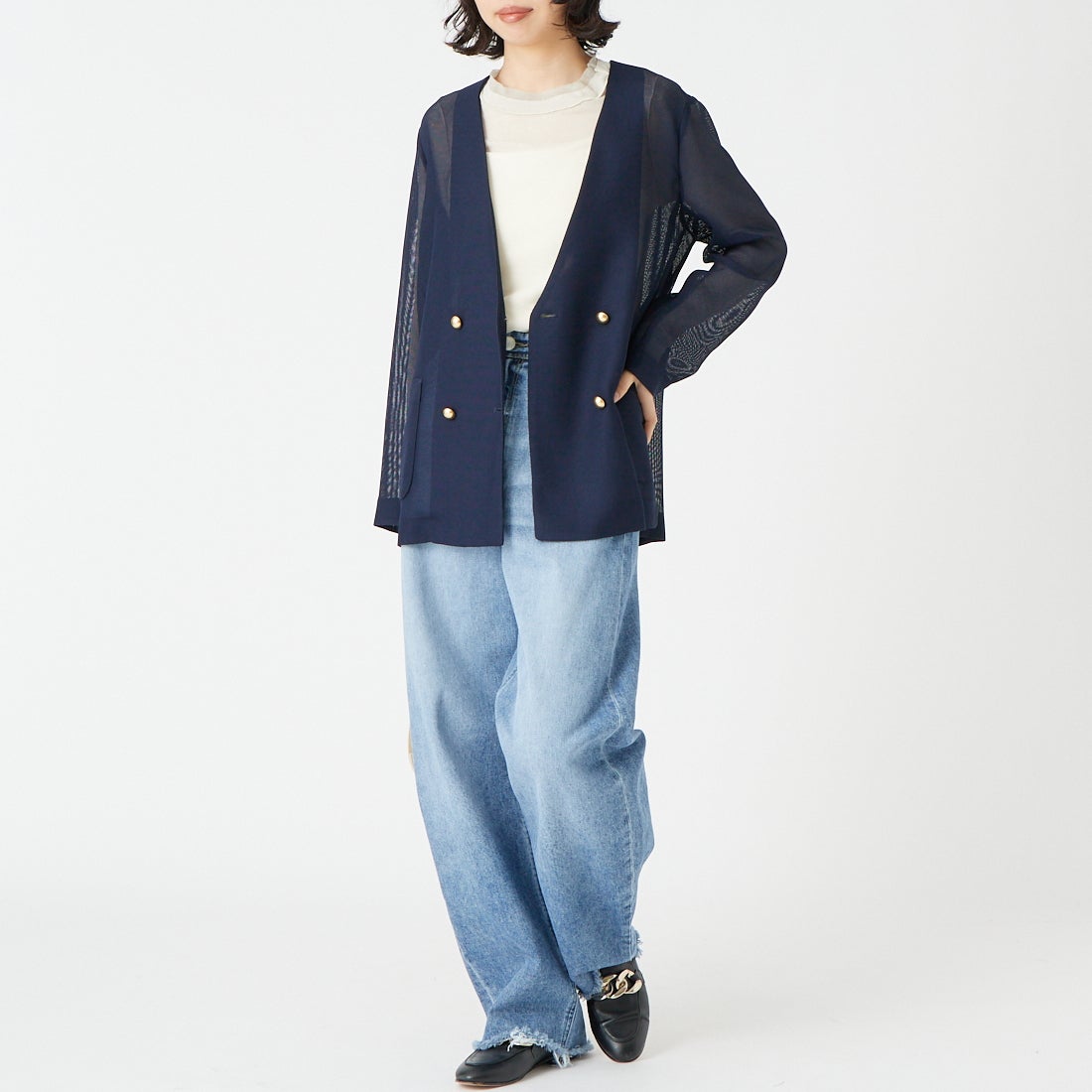 DIGNITE COLLIER [ディニテコリエ] メッシュノーカラージャケット [80267201] 076 ﾈｲﾋﾞｰ &&モデル身長：162cm 着用サイズ：F&&