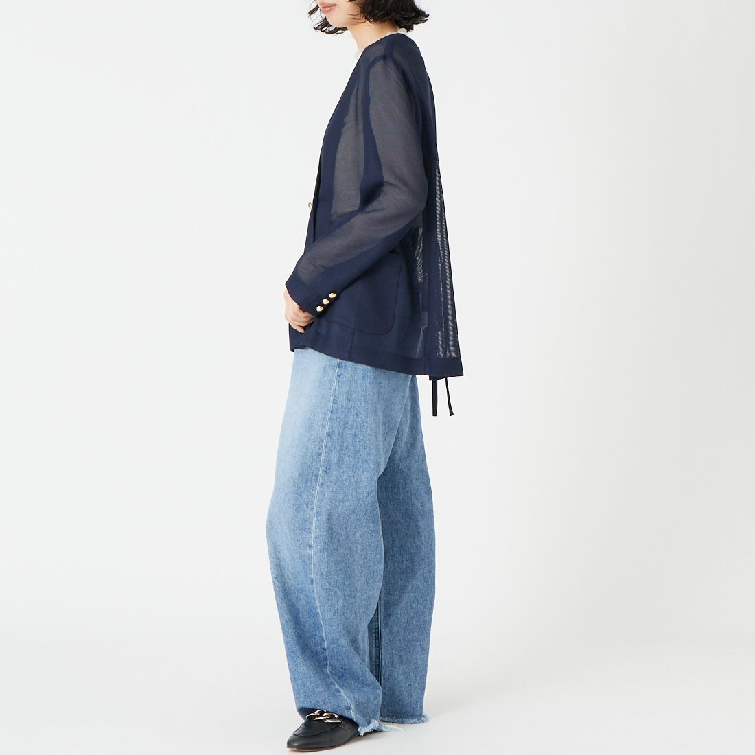 DIGNITE COLLIER [ディニテコリエ] メッシュノーカラージャケット [80267201] 076 ﾈｲﾋﾞｰ &&モデル身長：162cm 着用サイズ：F&&