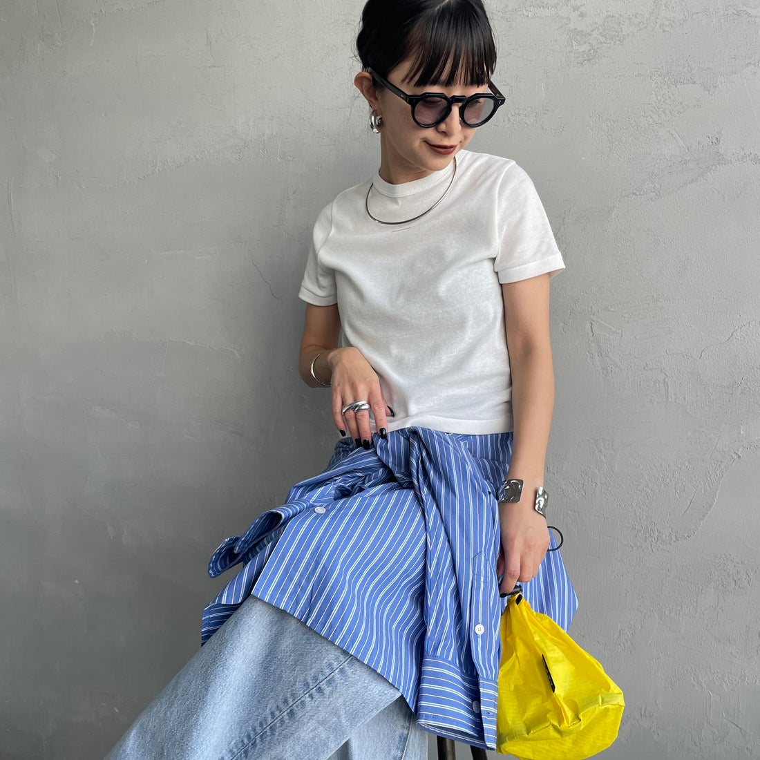 Health knit [ヘルスニット] 別注 ミニロゴ コンパクトTシャツ [HR26S-L312IN-JF] OFF WHITE &&モデル身長：162cm 着用サイズ：S&&