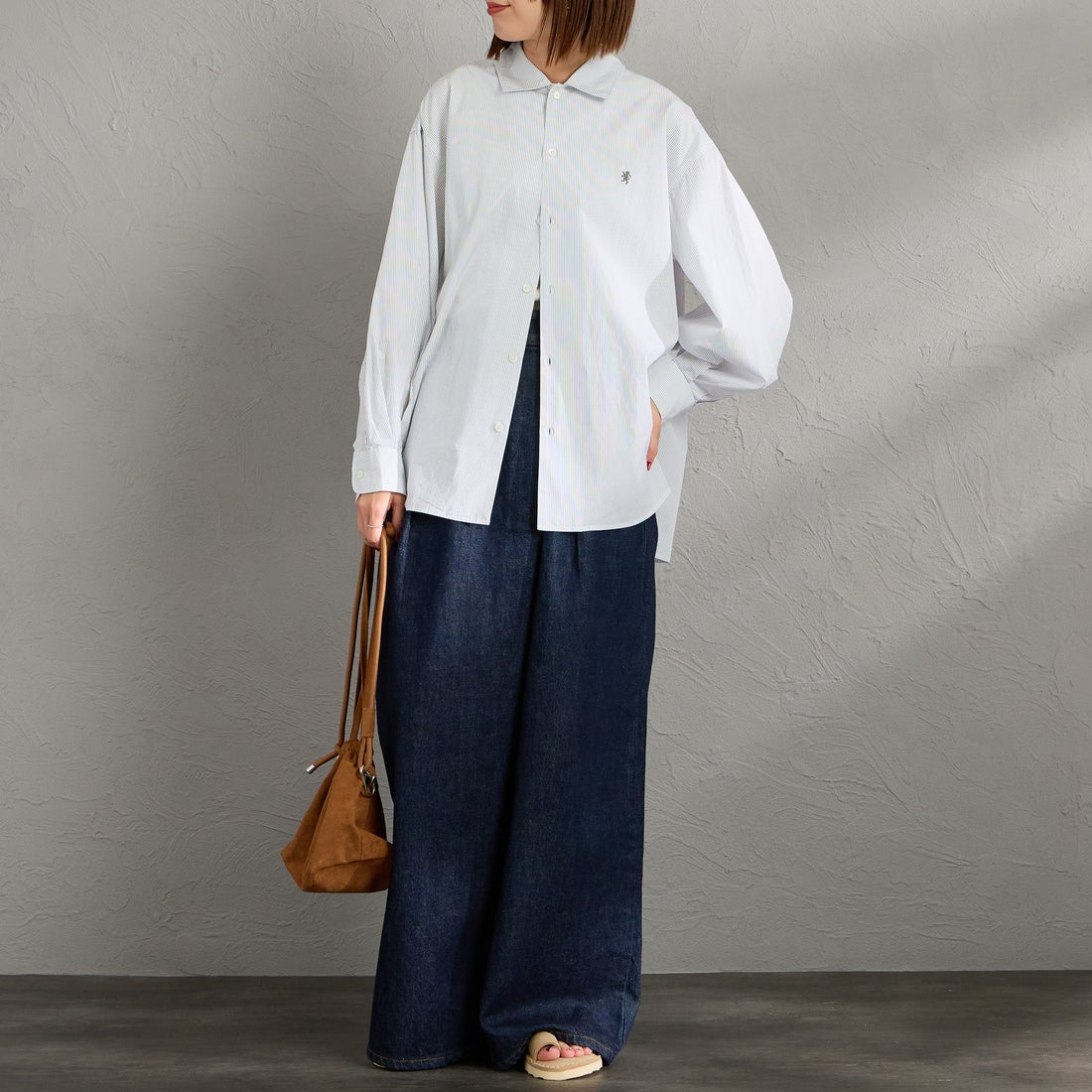 Gymphlex [ジムフレックス] コットンストライプ 長袖チュニックシャツ [GY-B0365PSE] WHT/BLK ST &&モデル身長：159cm 着用サイズ：12&&