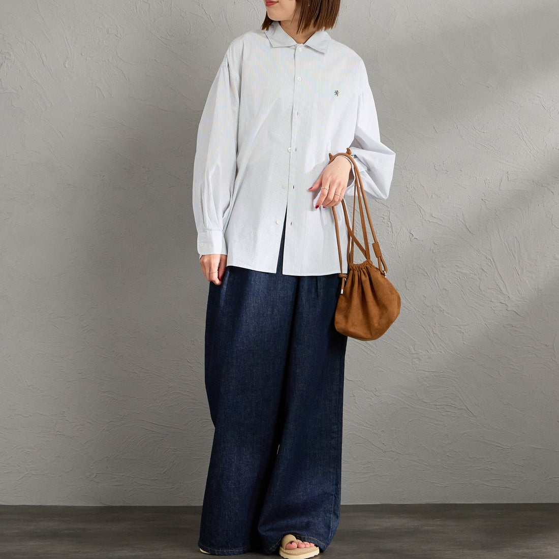 Gymphlex [ジムフレックス] コットンストライプ 長袖チュニックシャツ [GY-B0365PSE] WHT/BLK ST &&モデル身長：159cm 着用サイズ：12&&