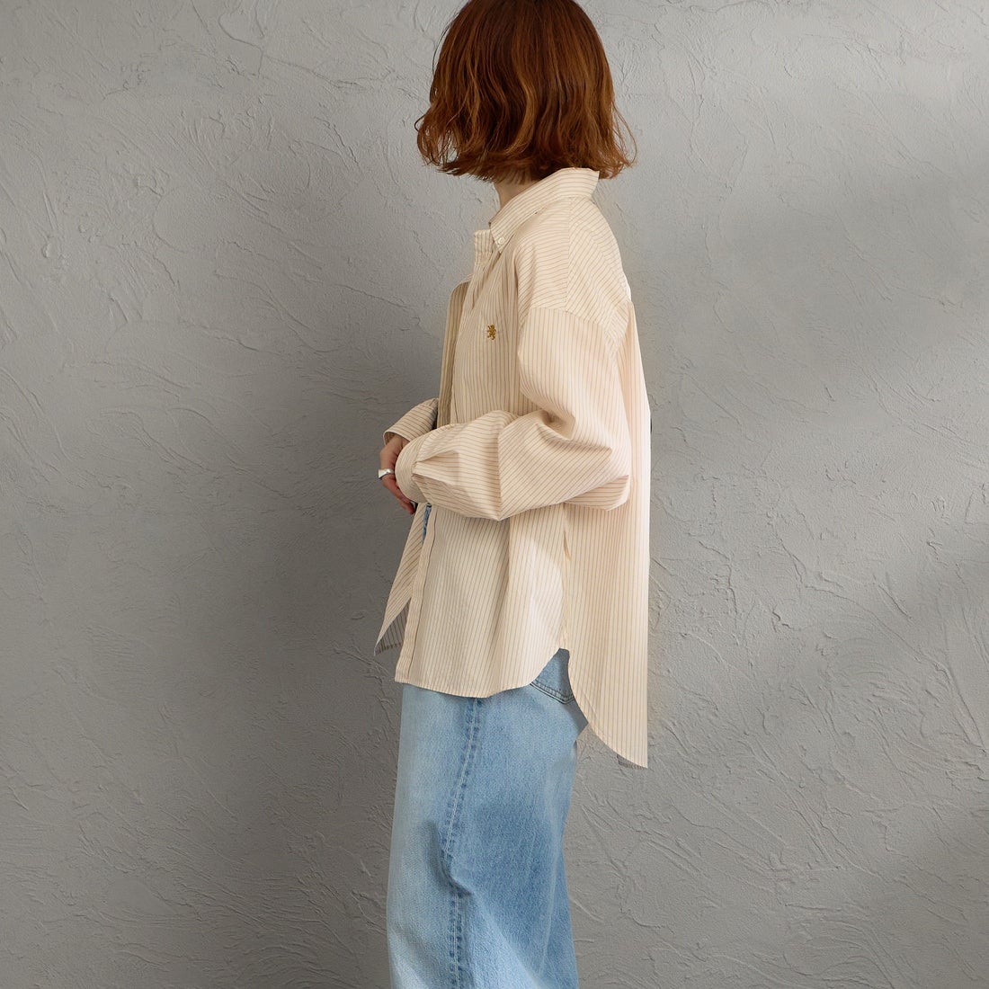 Gymphlex [ジムフレックス] コットンストライプ ショートボタンダウンシャツ [GY-B0198TRR] YEL/WH ST &&モデル身長：158cm 着用サイズ：14&&