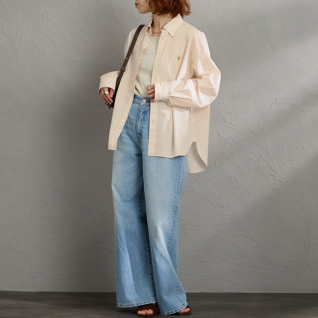 Gymphlex [ジムフレックス] コットンストライプ ショートボタンダウンシャツ [GY-B0198TRR] YEL/WH ST &&モデル身長：158cm 着用サイズ：14&&