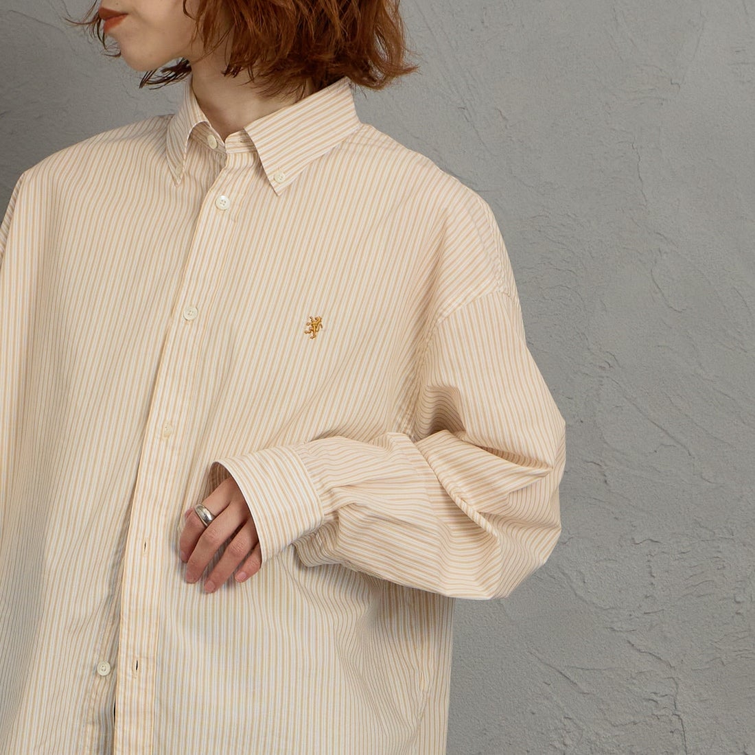 Gymphlex [ジムフレックス] コットンストライプ ショートボタンダウンシャツ [GY-B0198TRR] YEL/WH ST &&モデル身長：158cm 着用サイズ：14&&
