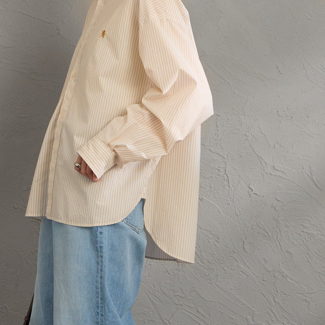 Gymphlex [ジムフレックス] コットンストライプ ショートボタンダウンシャツ [GY-B0198TRR] YEL/WH ST &&モデル身長：158cm 着用サイズ：14&&