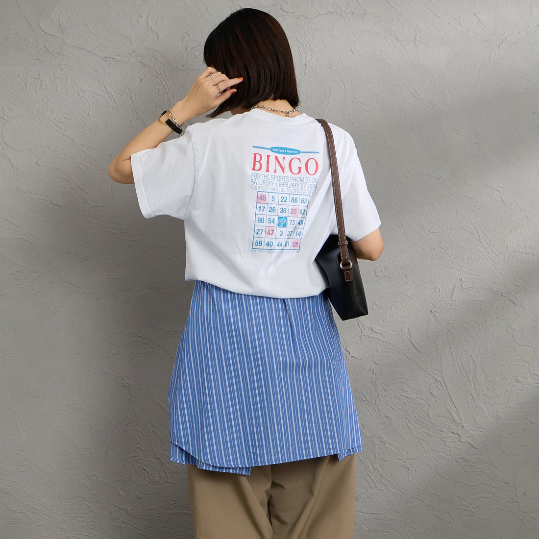 THE SHINZONE [ザ シンゾーン] ビンゴTシャツ [26SMSCU13] 01 WHITE &&モデル身長：160cm 着用サイズ：F0&&