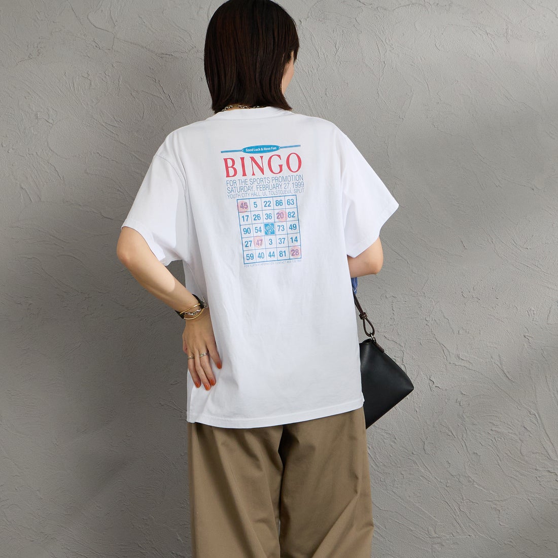 THE SHINZONE [ザ シンゾーン] ビンゴTシャツ [26SMSCU13] 01 WHITE &&モデル身長：160cm 着用サイズ：F0&&