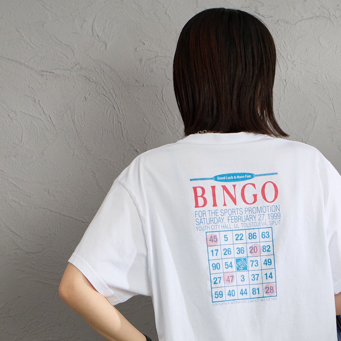 THE SHINZONE [ザ シンゾーン] ビンゴTシャツ [26SMSCU13] 01 WHITE &&モデル身長：160cm 着用サイズ：F0&&