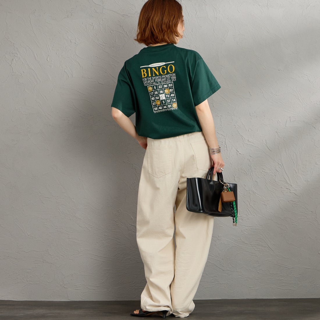 THE SHINZONE [ザ シンゾーン] ビンゴTシャツ [26SMSCU13] 76 D.GREEN &&モデル身長：158cm 着用サイズ：F0&&