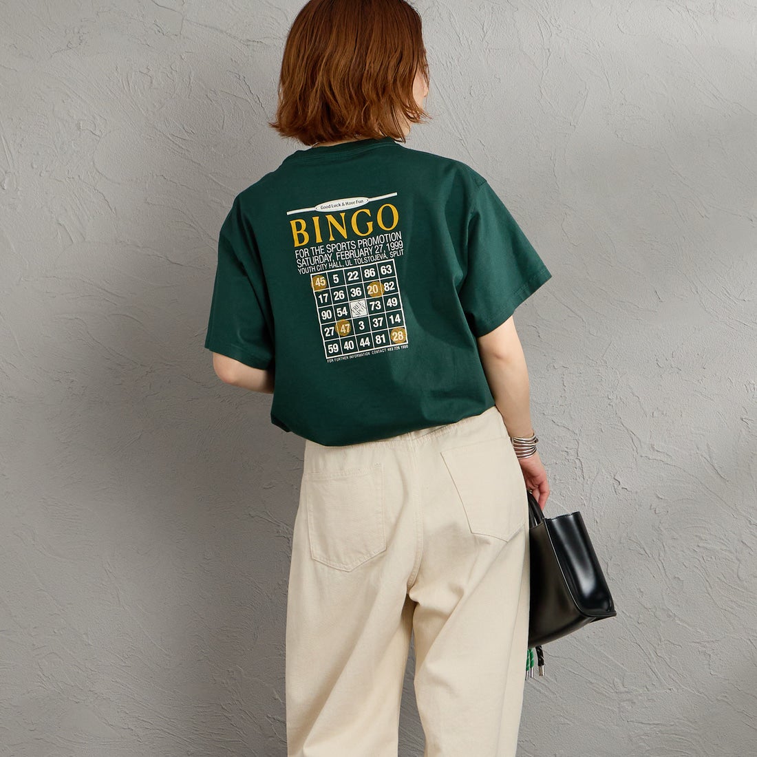 THE SHINZONE [ザ シンゾーン] ビンゴTシャツ [26SMSCU13] 76 D.GREEN &&モデル身長：158cm 着用サイズ：F0&&