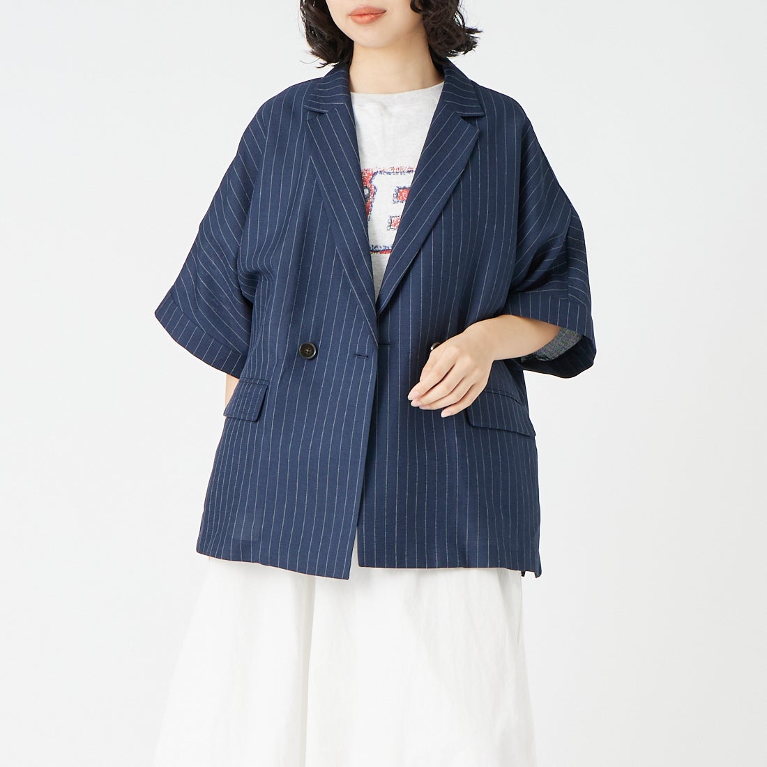 USINE [ユジーヌ] リネンライクショートスリーブジャケット [21267058] 076 ﾈｲﾋﾞｰS &&モデル身長：162cm 着用サイズ：F&&