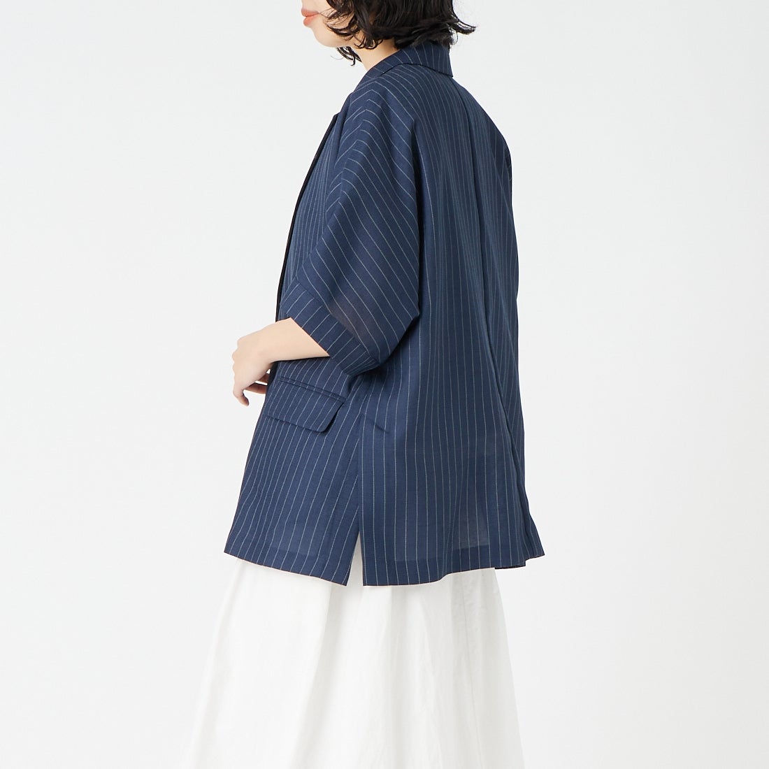 USINE [ユジーヌ] リネンライクショートスリーブジャケット [21267058] 076 ﾈｲﾋﾞｰS &&モデル身長：162cm 着用サイズ：F&&