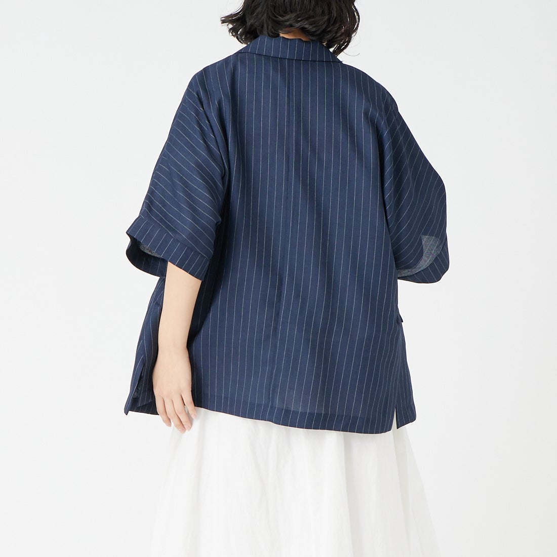 USINE [ユジーヌ] リネンライクショートスリーブジャケット [21267058] 076 ﾈｲﾋﾞｰS &&モデル身長：162cm 着用サイズ：F&&