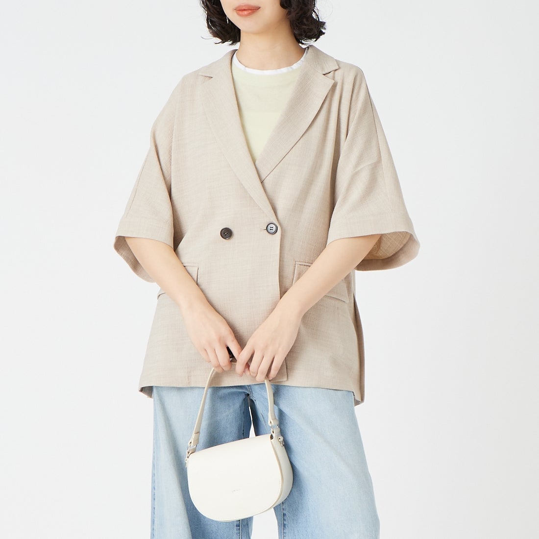 USINE [ユジーヌ] リネンライクショートスリーブジャケット [21267058] 033 ﾍﾞｰｼﾞｭ &&モデル身長：162cm 着用サイズ：F&&