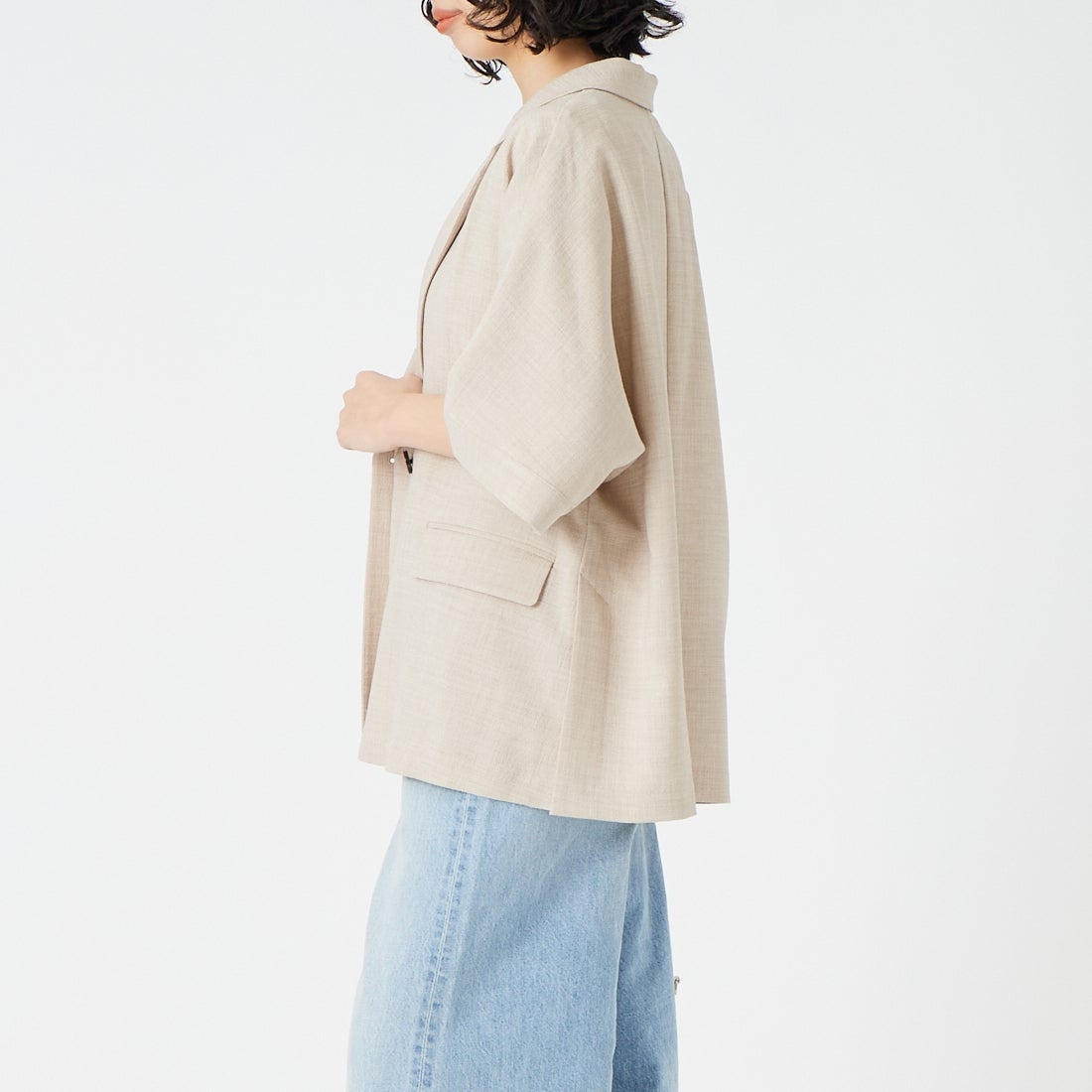 USINE [ユジーヌ] リネンライクショートスリーブジャケット [21267058] 033 ﾍﾞｰｼﾞｭ &&モデル身長：162cm 着用サイズ：F&&