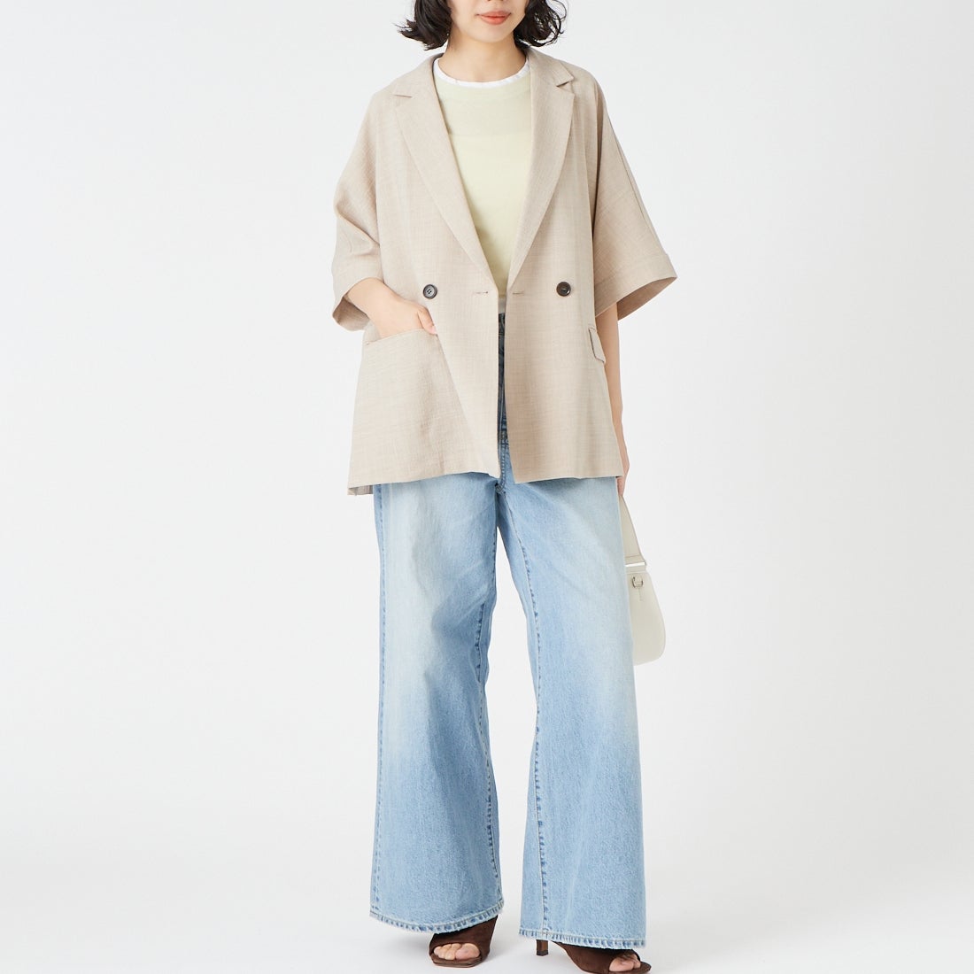 USINE [ユジーヌ] リネンライクショートスリーブジャケット [21267058] 033 ﾍﾞｰｼﾞｭ &&モデル身長：162cm 着用サイズ：F&&