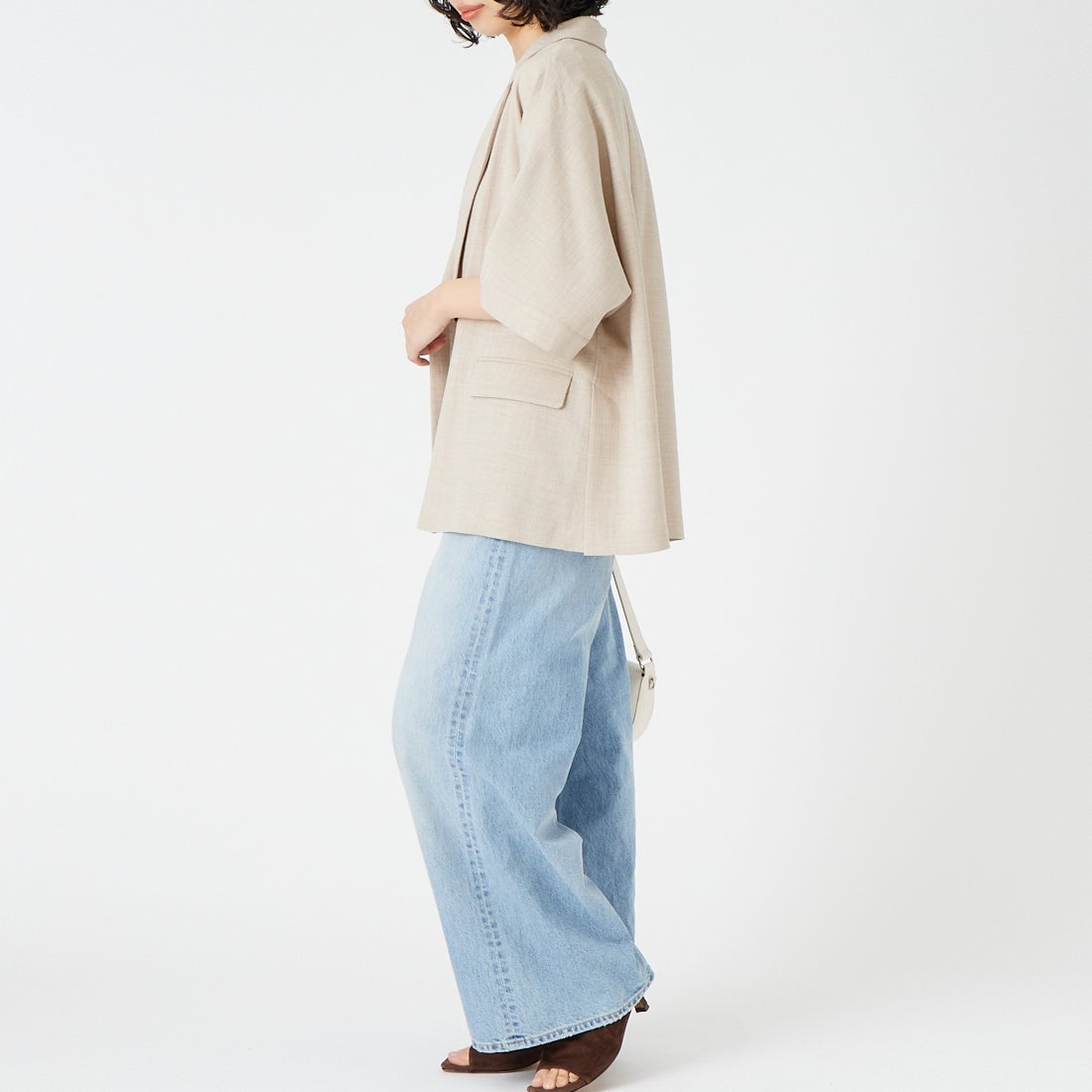 USINE [ユジーヌ] リネンライクショートスリーブジャケット [21267058] 033 ﾍﾞｰｼﾞｭ &&モデル身長：162cm 着用サイズ：F&&