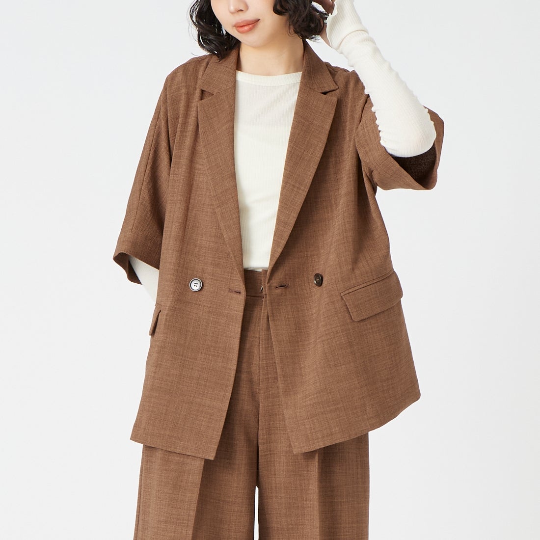 USINE [ユジーヌ] リネンライクショートスリーブジャケット [21267058] 037 ﾌﾞﾗｳﾝ &&モデル身長：162cm 着用サイズ：F&&