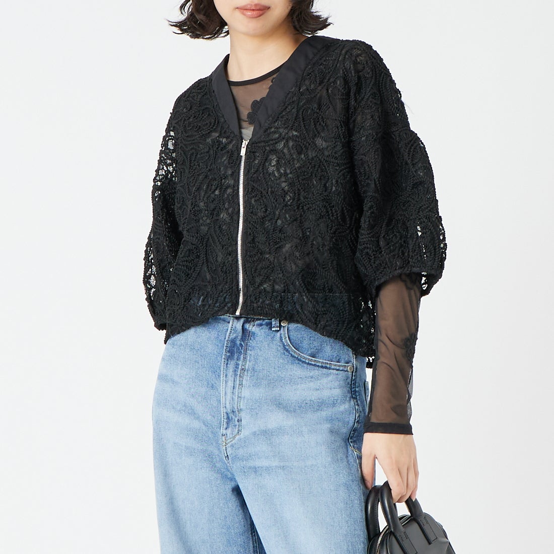 Jf Ready Made [ジェイエフレディメイド] コード刺繍ブルゾン [293-33242] ﾌﾞﾗｯｸ &&モデル身長：162cm 着用サイズ：F&&