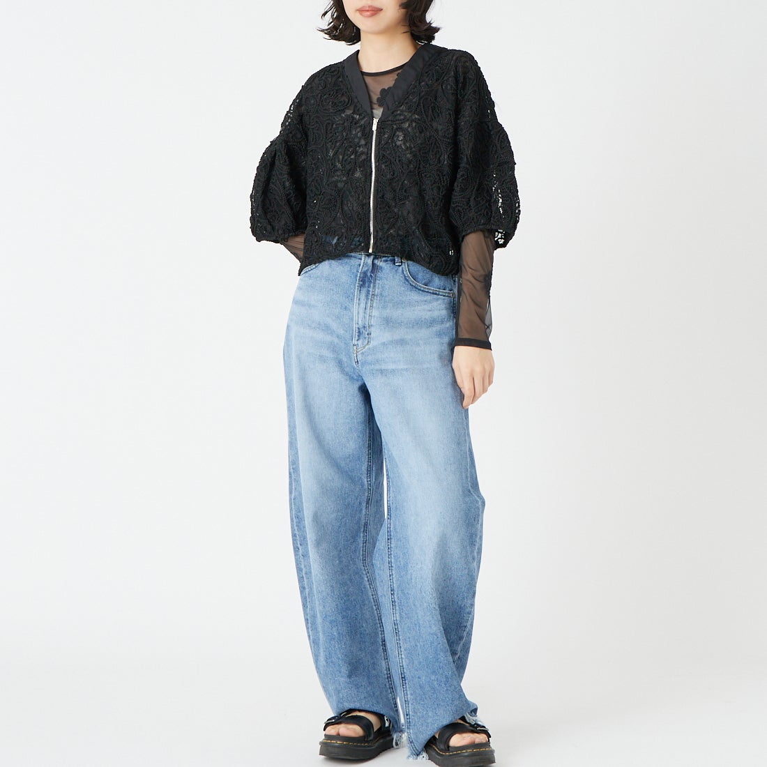 Jf Ready Made [ジェイエフレディメイド] コード刺繍ブルゾン [293-33242] ﾌﾞﾗｯｸ &&モデル身長：162cm 着用サイズ：F&&