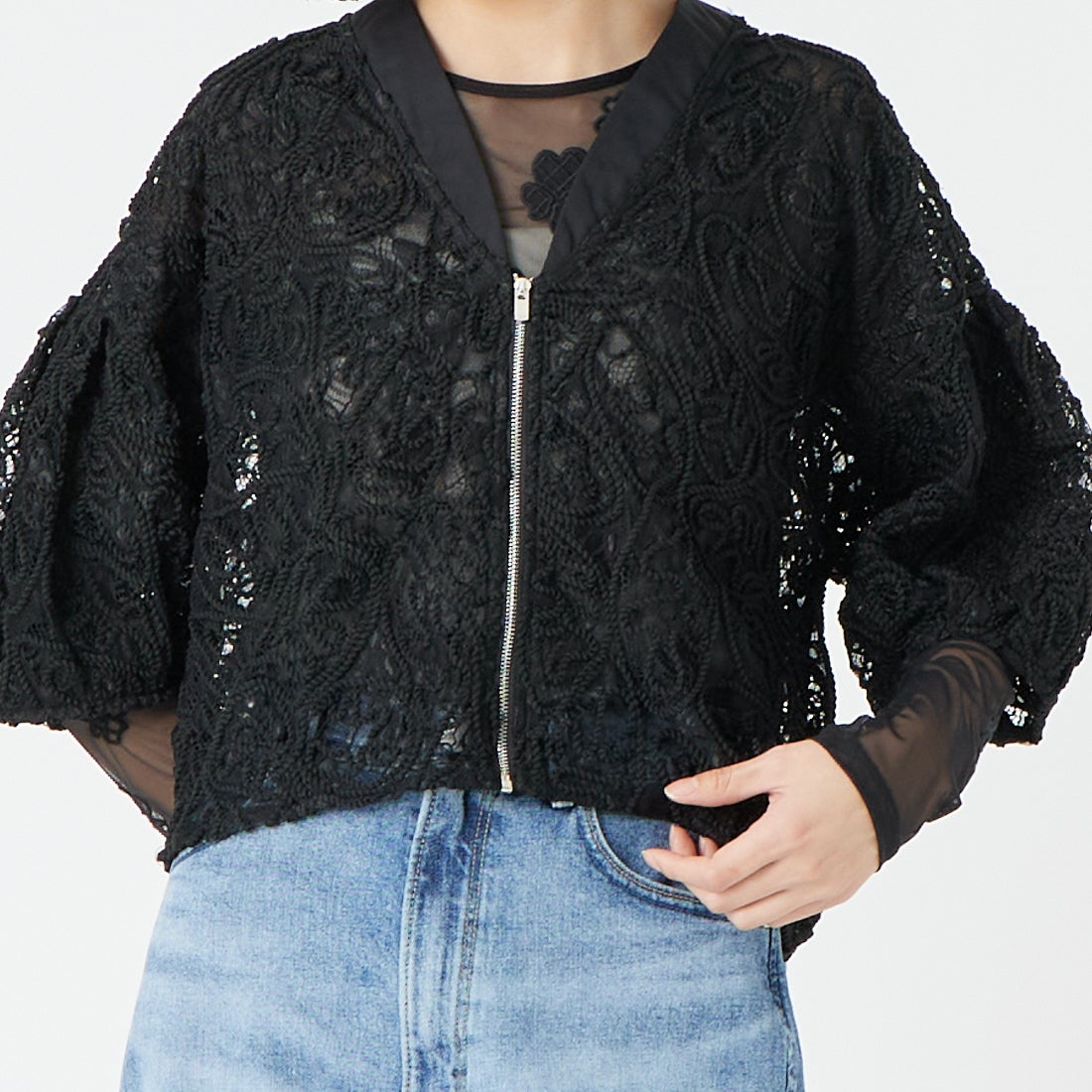 Jf Ready Made [ジェイエフレディメイド] コード刺繍ブルゾン [293-33242] ﾌﾞﾗｯｸ &&モデル身長：162cm 着用サイズ：F&&