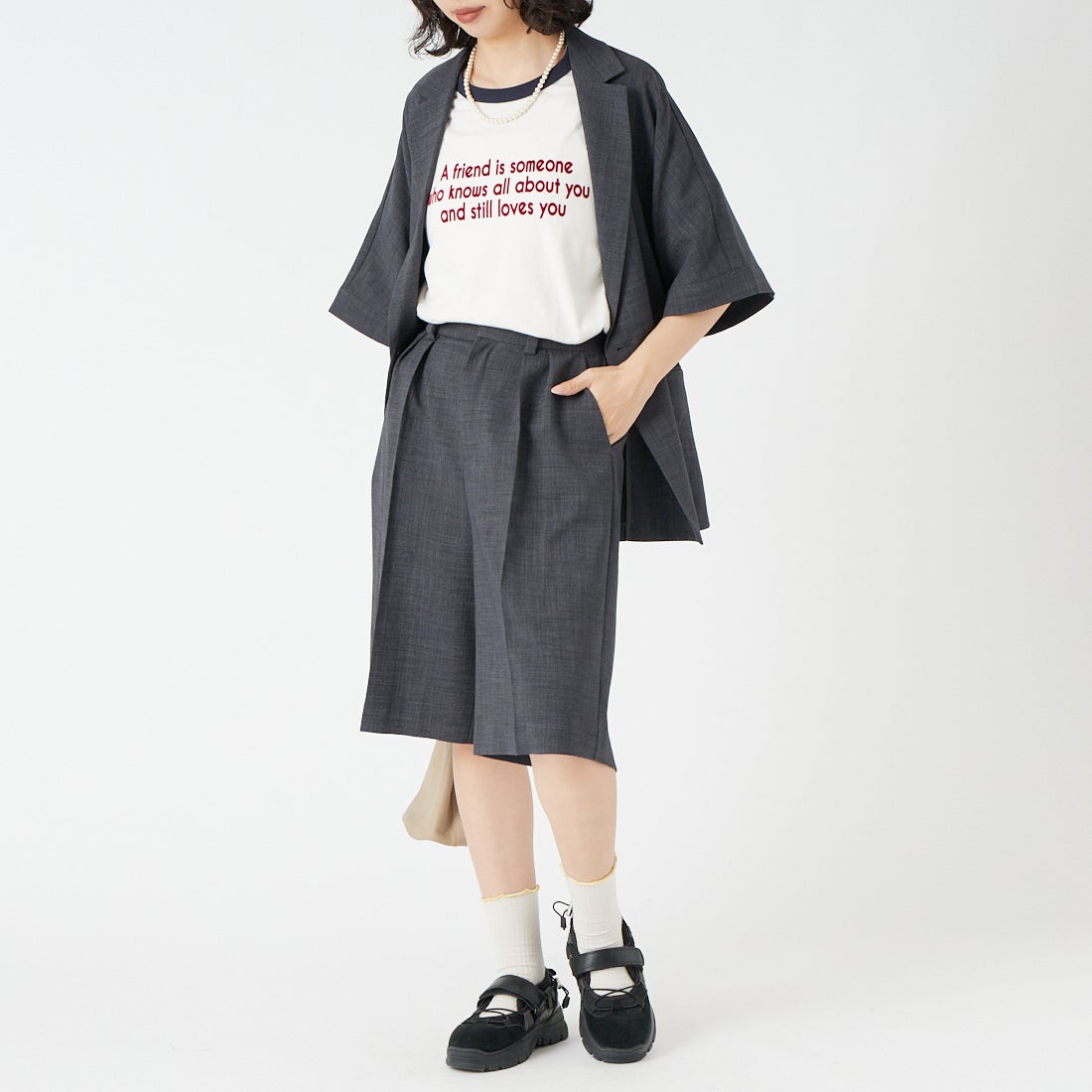 USINE [ユジーヌ] リネンライク2タックバミューダパンツ [21267060] 003 ﾁｬｺｰﾙ &&モデル身長：162cm 着用サイズ：36&&