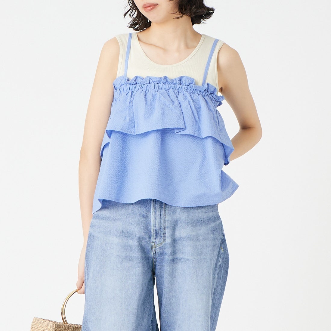 Jeans Factory Clothes [ジーンズファクトリークローズ] シアーサッカーフリルビスチェ [8065051-00] 81 ｻｯｸｽ &&モデル身長：162cm 着用サイズ：F&&