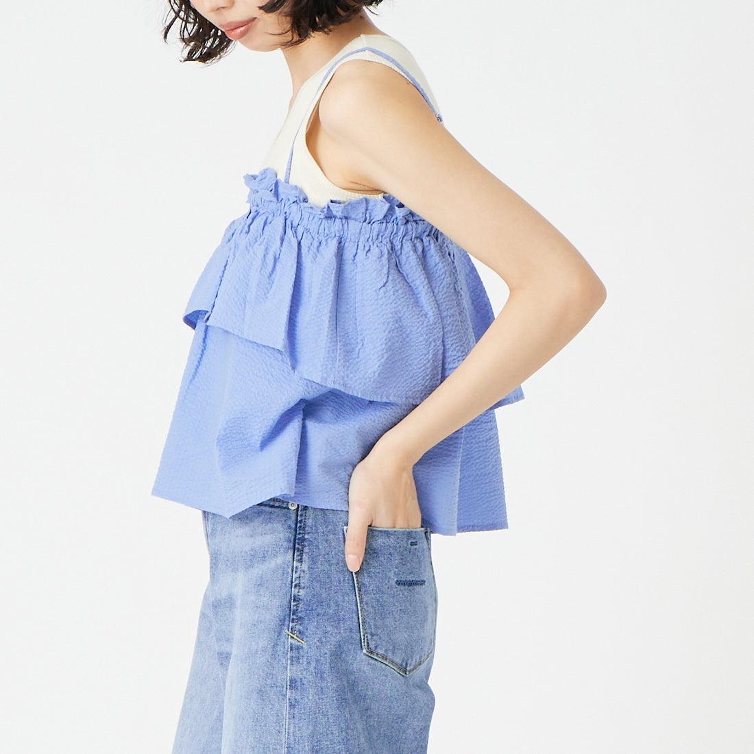 Jeans Factory Clothes [ジーンズファクトリークローズ] シアーサッカーフリルビスチェ [8065051-00] 81 ｻｯｸｽ &&モデル身長：162cm 着用サイズ：F&&