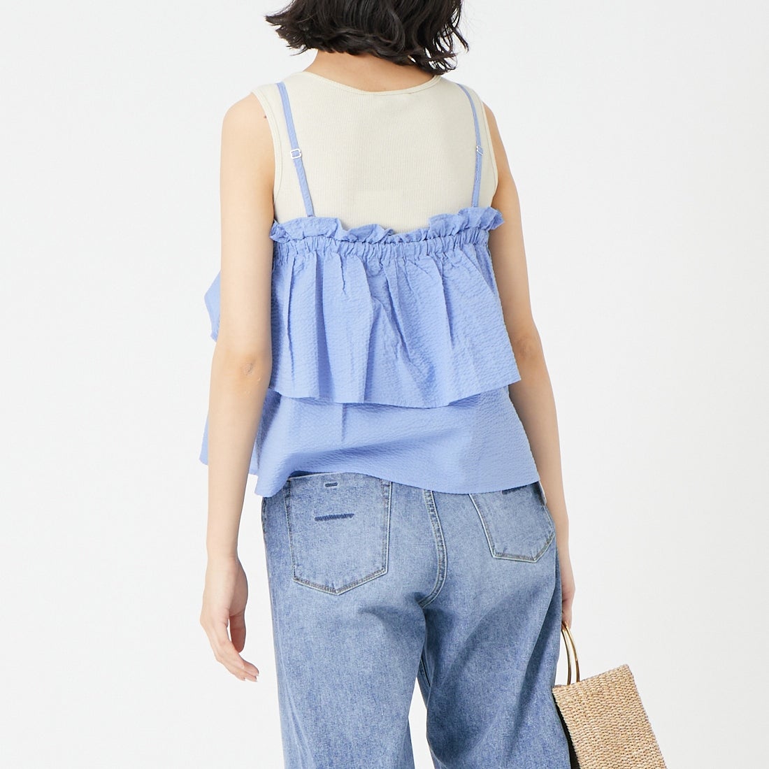 Jeans Factory Clothes [ジーンズファクトリークローズ] シアーサッカーフリルビスチェ [8065051-00] 81 ｻｯｸｽ &&モデル身長：162cm 着用サイズ：F&&