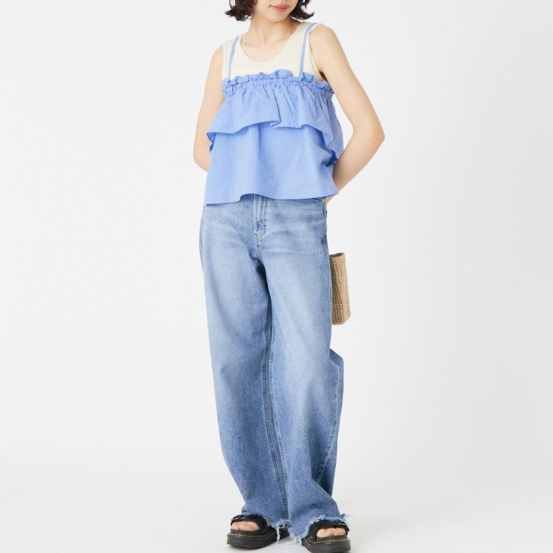 Jeans Factory Clothes [ジーンズファクトリークローズ] シアーサッカーフリルビスチェ [8065051-00] 81 ｻｯｸｽ &&モデル身長：162cm 着用サイズ：F&&