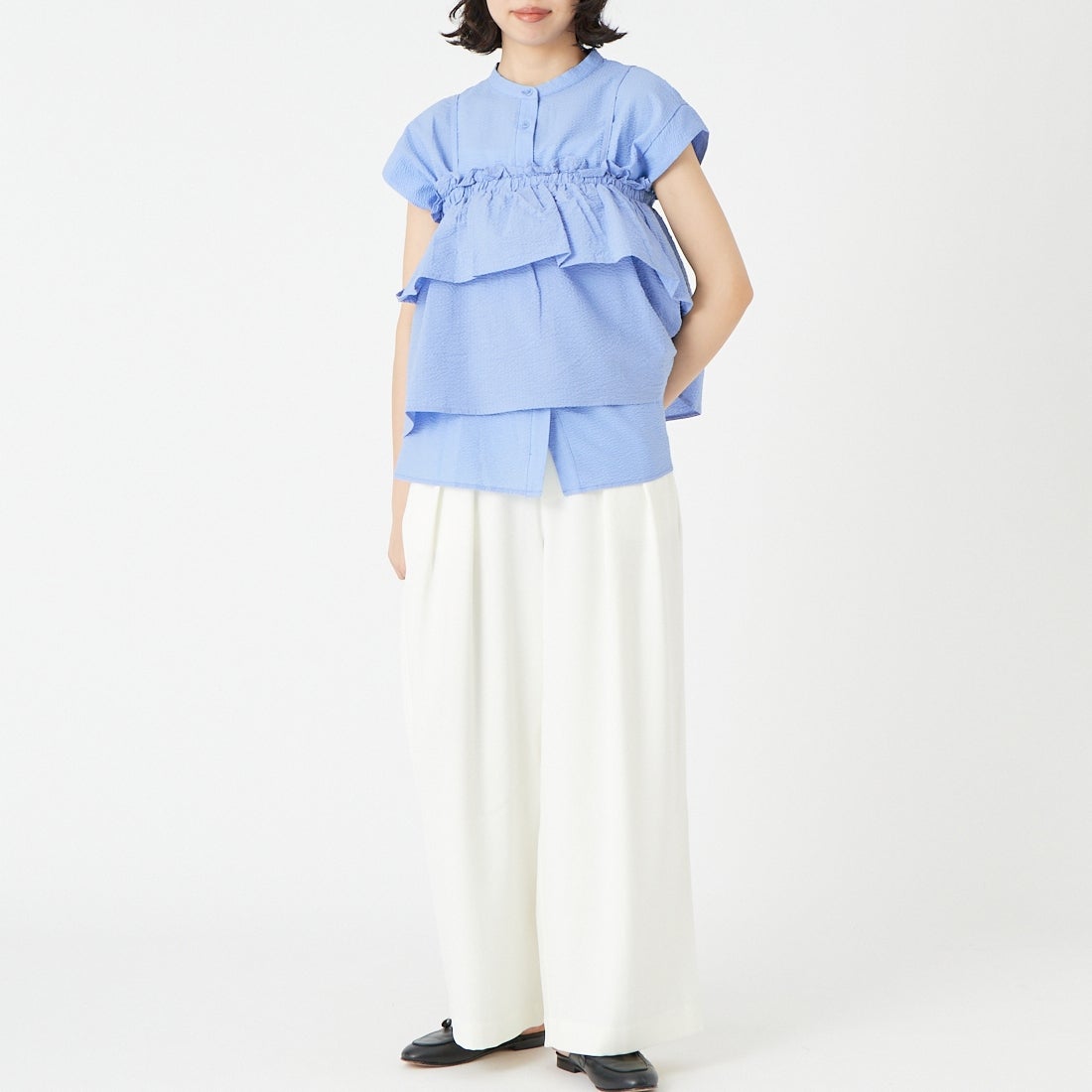 Jeans Factory Clothes [ジーンズファクトリークローズ] シアーサッカーフリルビスチェ [8065051-00] 81 ｻｯｸｽ &&モデル身長：162cm 着用サイズ：F&&