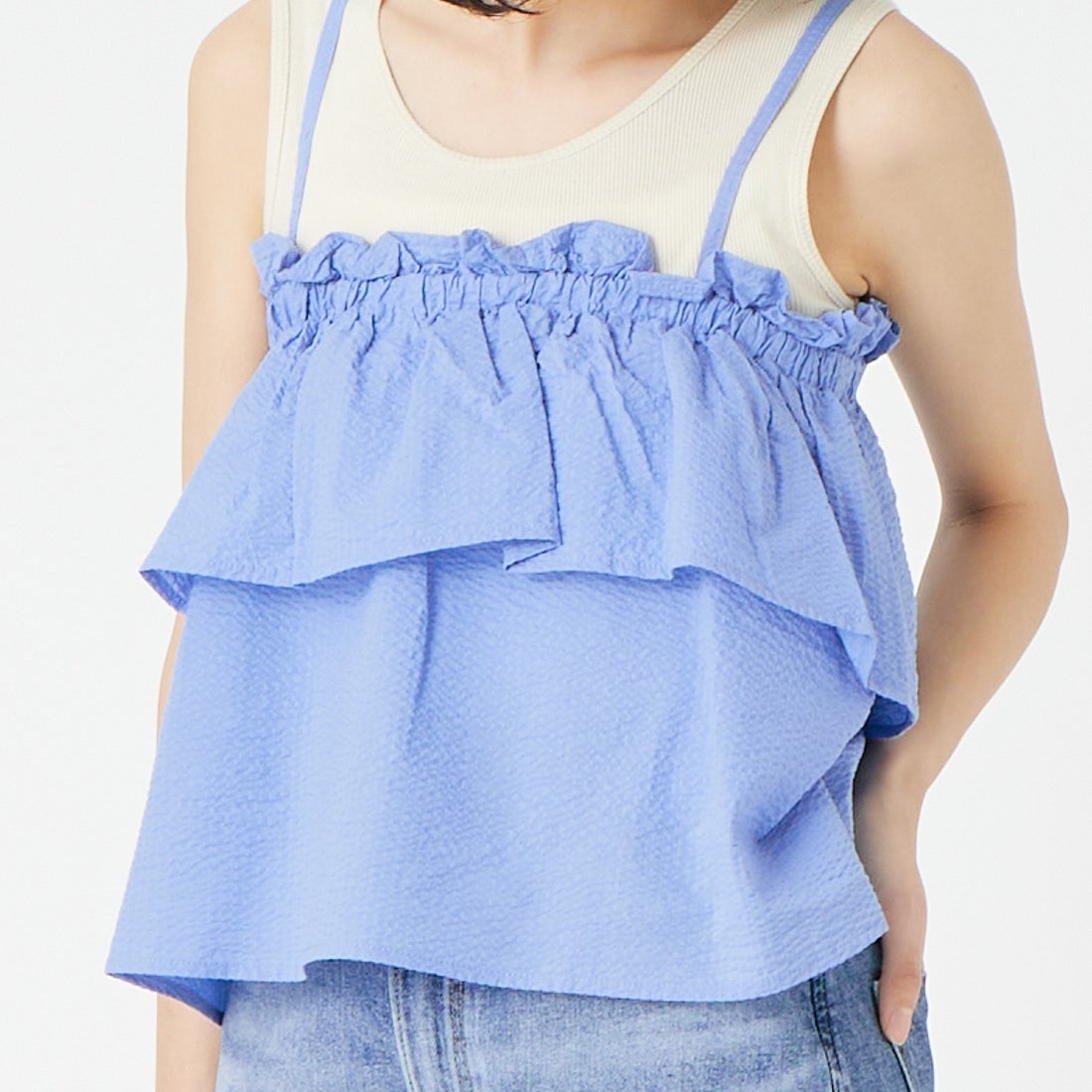 Jeans Factory Clothes [ジーンズファクトリークローズ] シアーサッカーフリルビスチェ [8065051-00] 81 ｻｯｸｽ &&モデル身長：162cm 着用サイズ：F&&