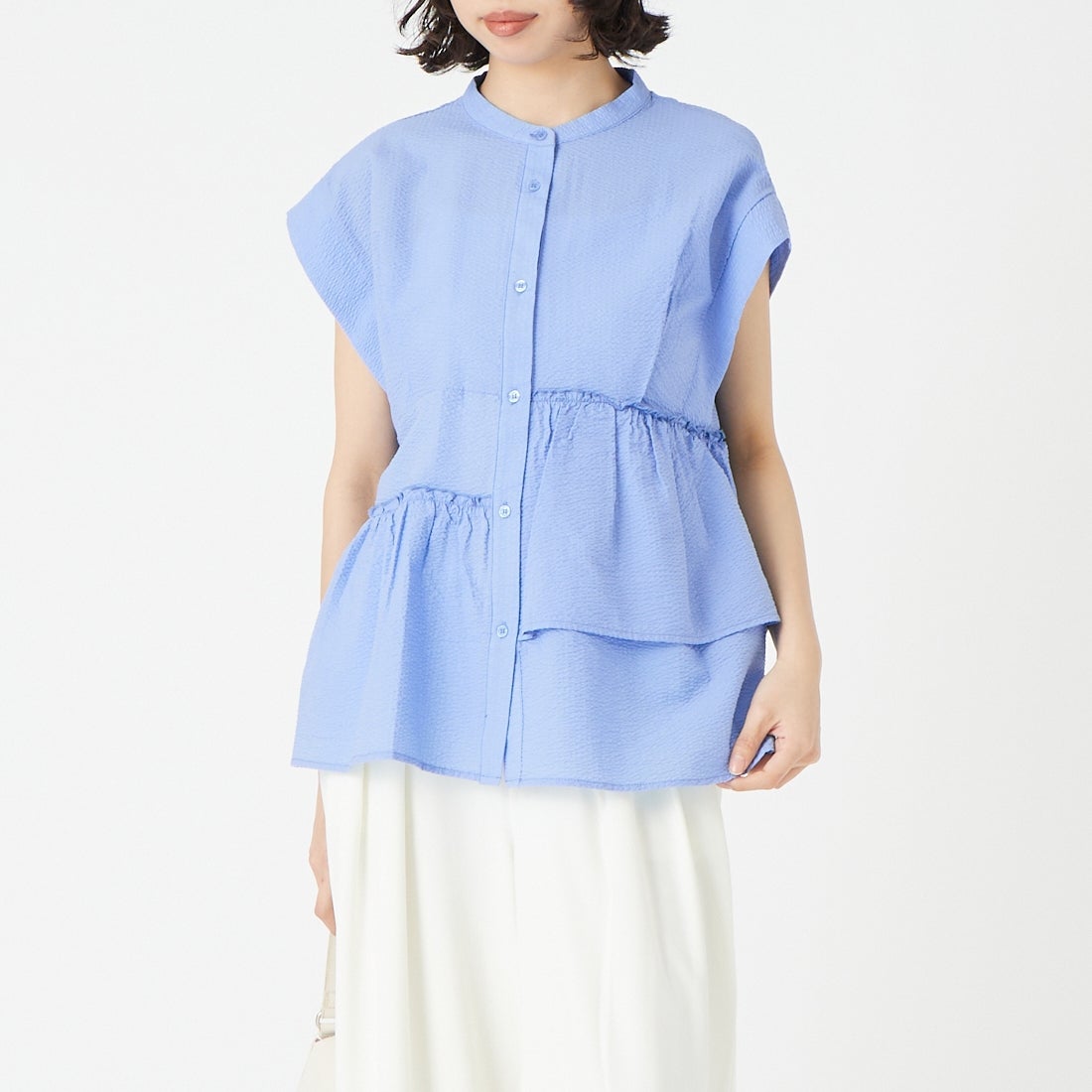 Jeans Factory Clothes [ジーンズファクトリークローズ] シアーサッカーフリルブラウス [8065050-01] 81 ｻｯｸｽ &&モデル身長：162cm 着用サイズ：F&&