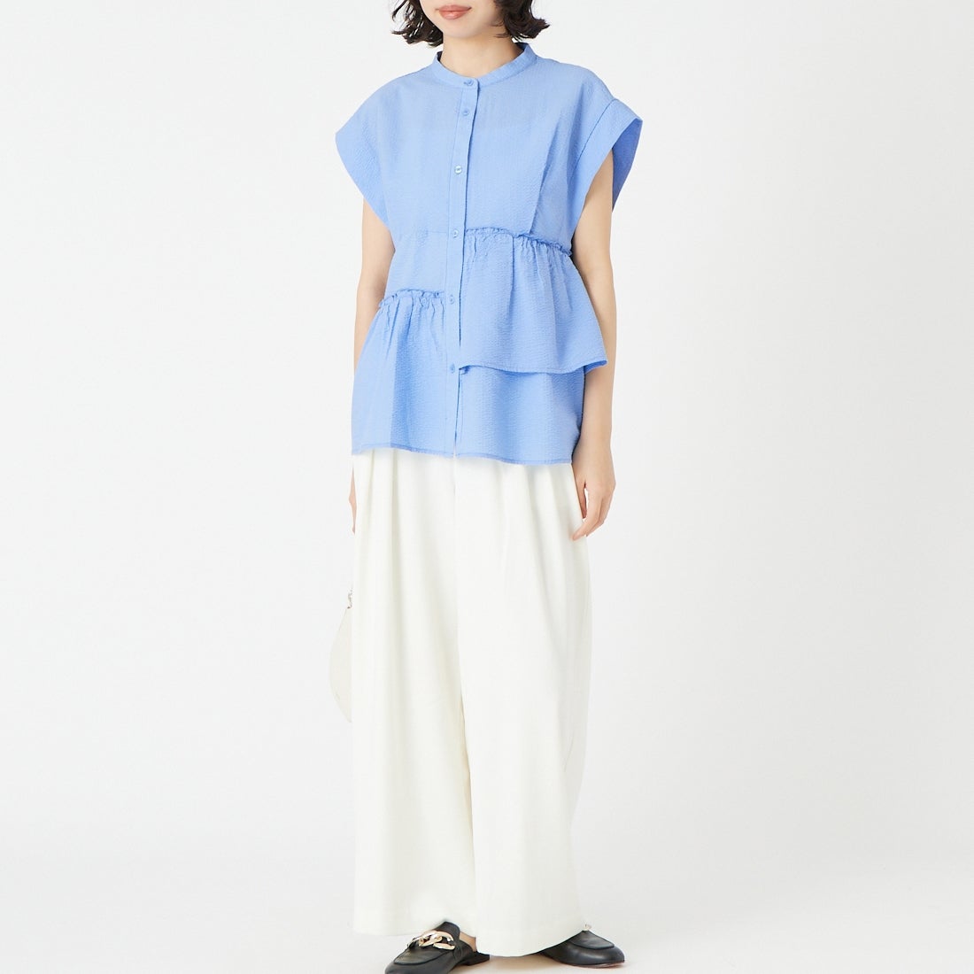 Jeans Factory Clothes [ジーンズファクトリークローズ] シアーサッカーフリルブラウス [8065050-01] 81 ｻｯｸｽ &&モデル身長：162cm 着用サイズ：F&&