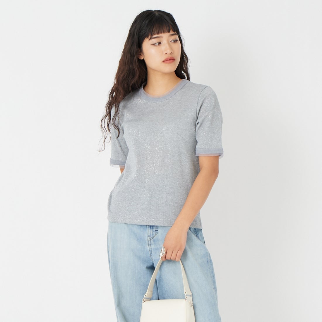 Jf Ready Made [ジェイエフレディメイド] ラメリブクルーネックTシャツ [8921130-01] 12 ｸﾞﾚｰ &&モデル身長：162cm 着用サイズ：F&&