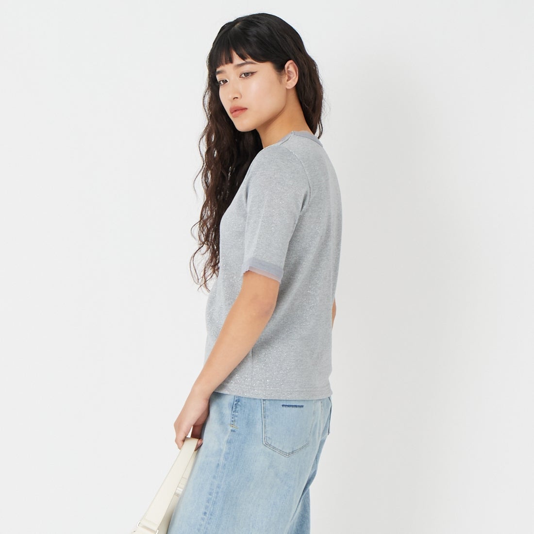 Jf Ready Made [ジェイエフレディメイド] ラメリブクルーネックTシャツ [8921130-01] 12 ｸﾞﾚｰ &&モデル身長：162cm 着用サイズ：F&&