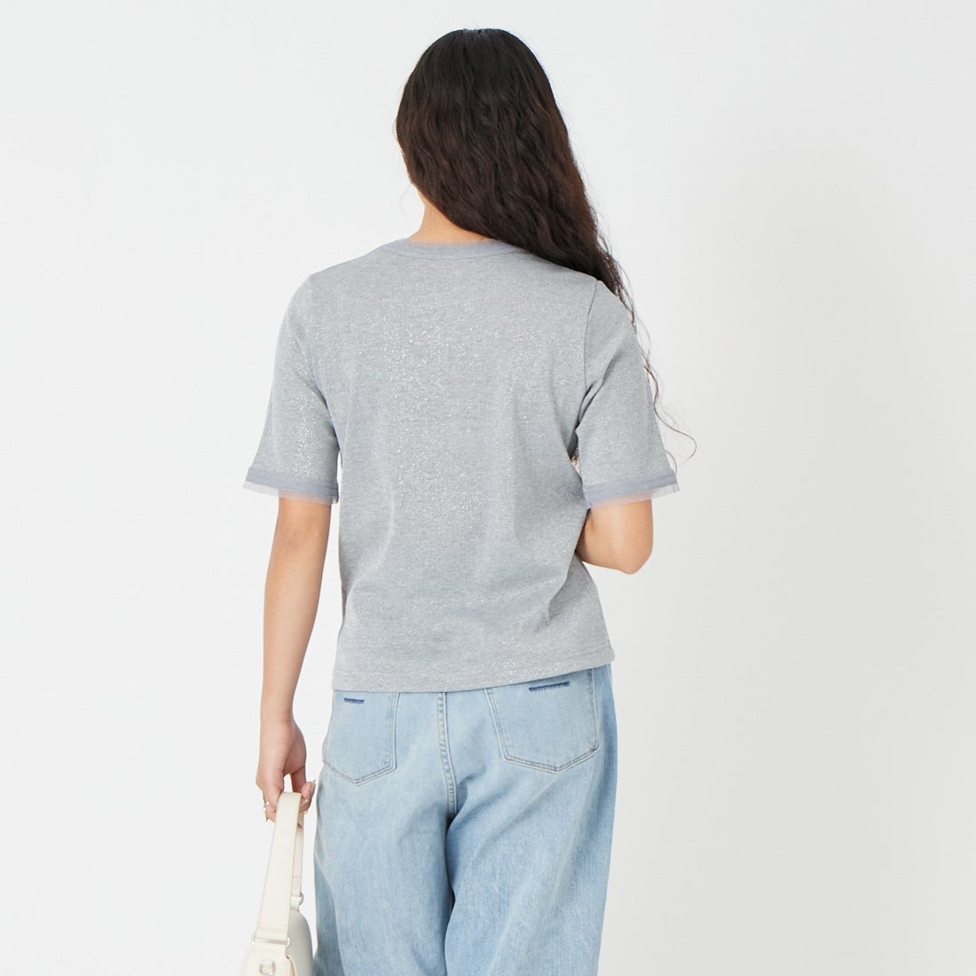 Jf Ready Made [ジェイエフレディメイド] ラメリブクルーネックTシャツ [8921130-01] 12 ｸﾞﾚｰ &&モデル身長：162cm 着用サイズ：F&&