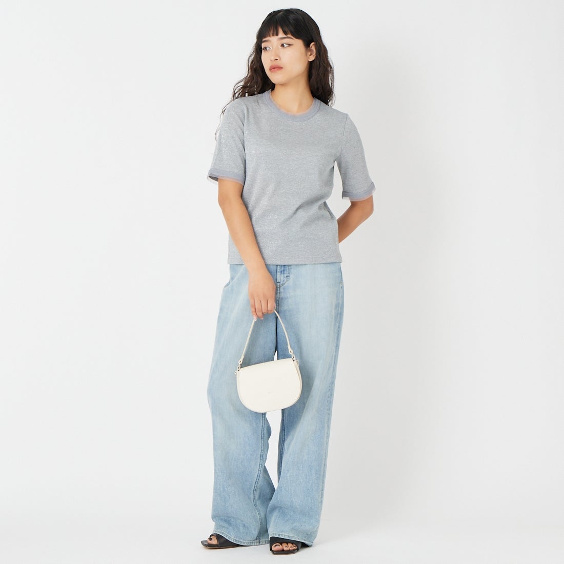 Jf Ready Made [ジェイエフレディメイド] ラメリブクルーネックTシャツ [8921130-01] 12 ｸﾞﾚｰ &&モデル身長：162cm 着用サイズ：F&&