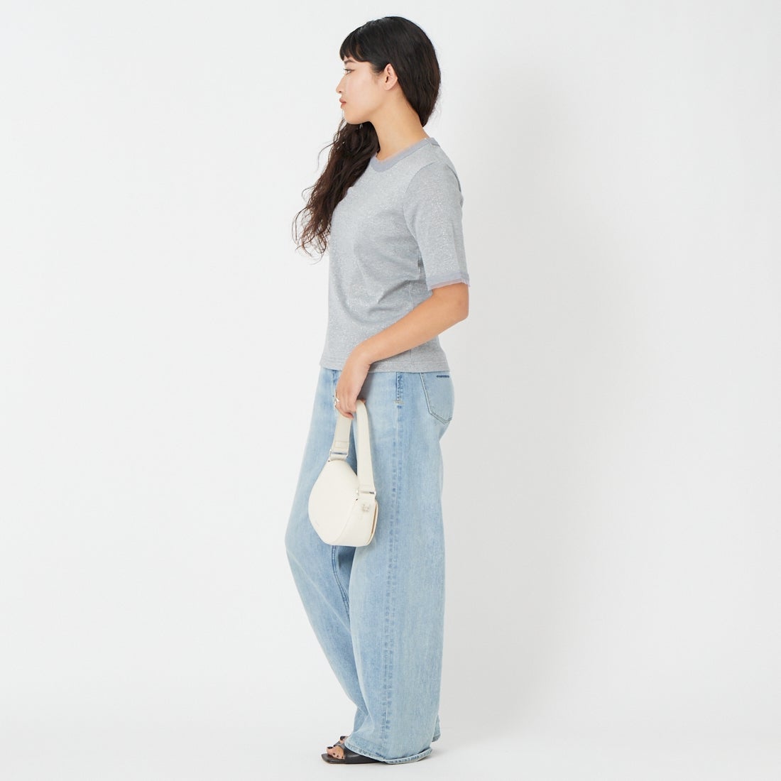 Jf Ready Made [ジェイエフレディメイド] ラメリブクルーネックTシャツ [8921130-01] 12 ｸﾞﾚｰ &&モデル身長：162cm 着用サイズ：F&&