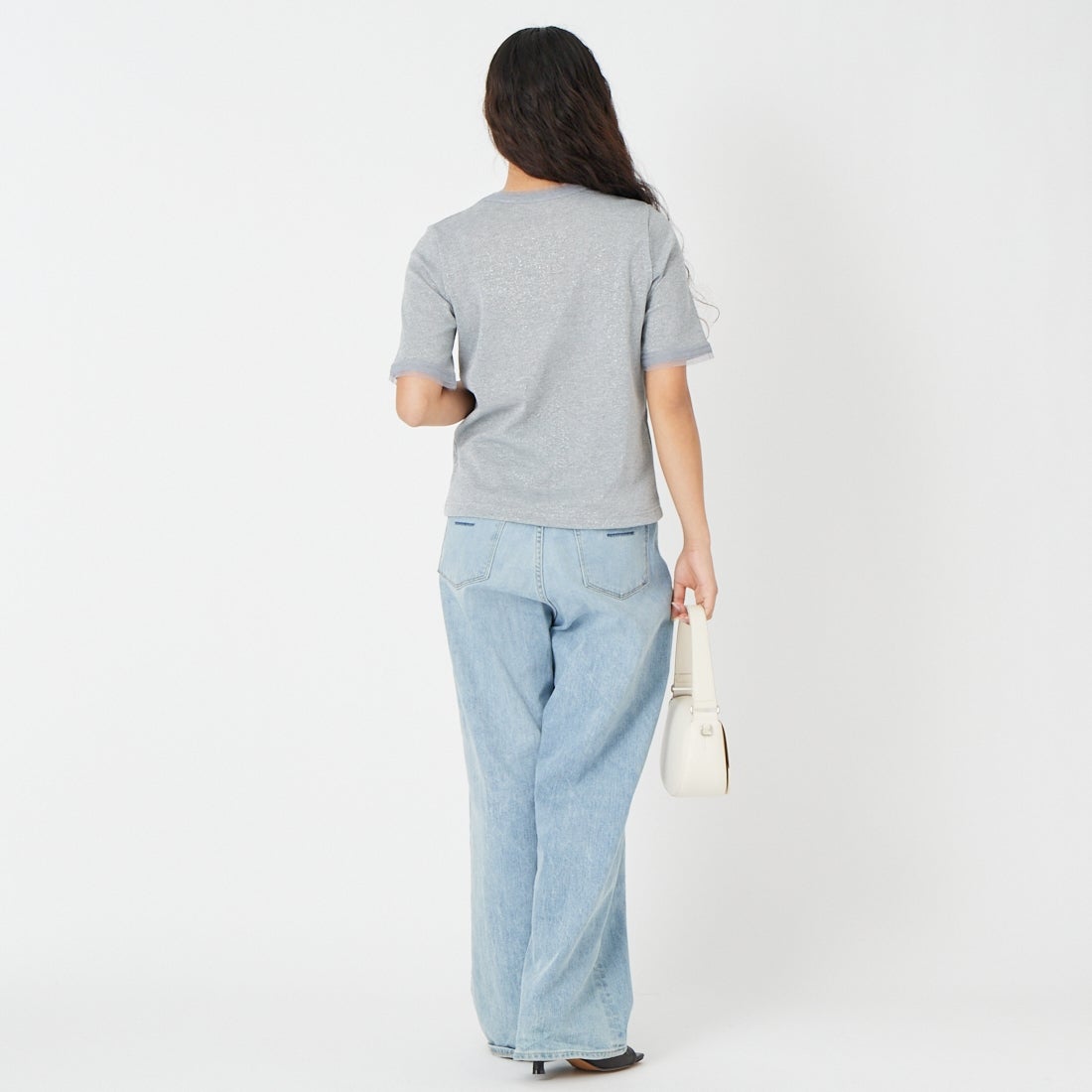 Jf Ready Made [ジェイエフレディメイド] ラメリブクルーネックTシャツ [8921130-01] 12 ｸﾞﾚｰ &&モデル身長：162cm 着用サイズ：F&&