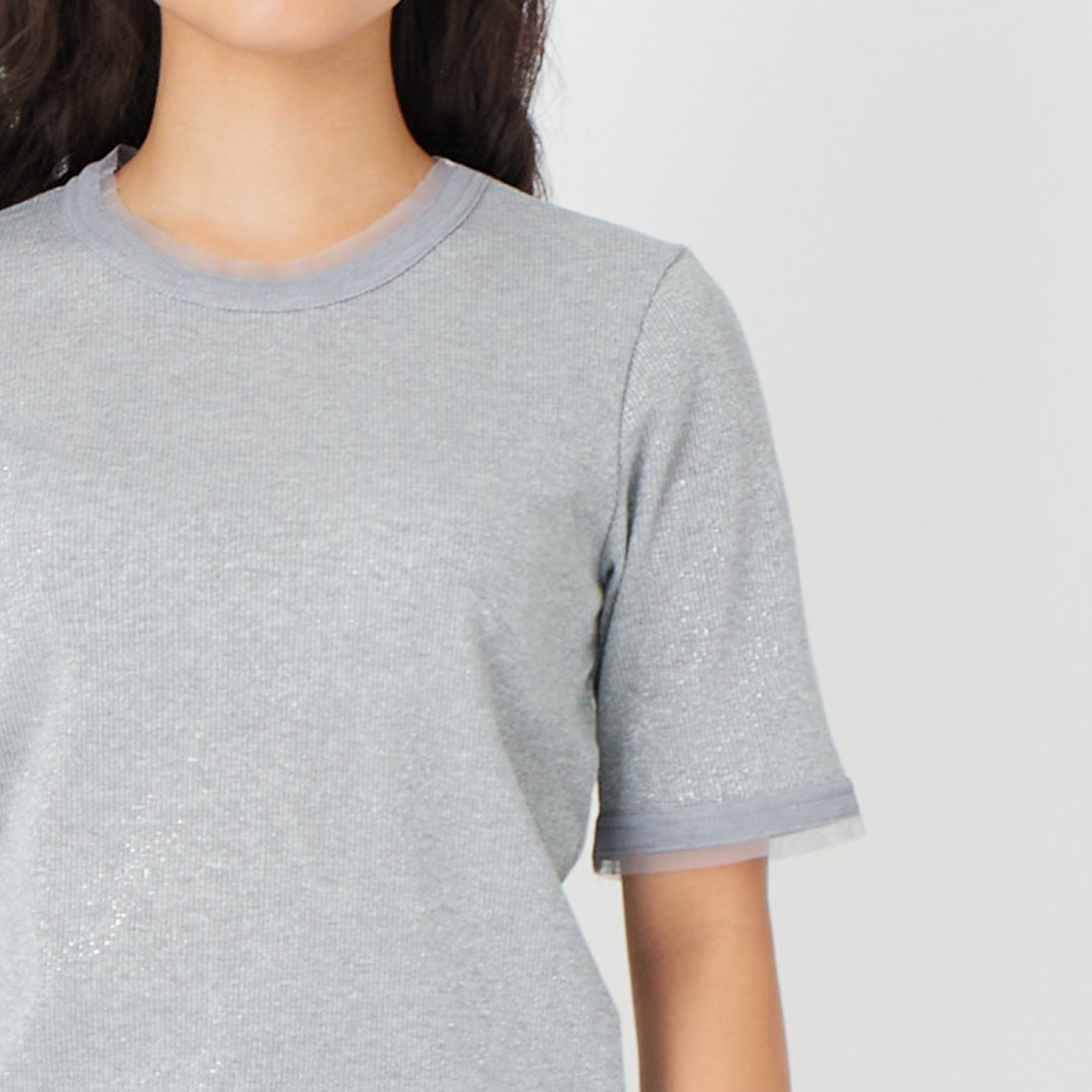 Jf Ready Made [ジェイエフレディメイド] ラメリブクルーネックTシャツ [8921130-01] 12 ｸﾞﾚｰ &&モデル身長：162cm 着用サイズ：F&&